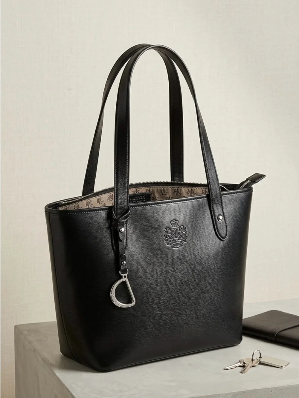 Lauren Ralph Lauren Sloan Street Black Saffiano Leather Shopper Tote Bag - Picture 1 of 15